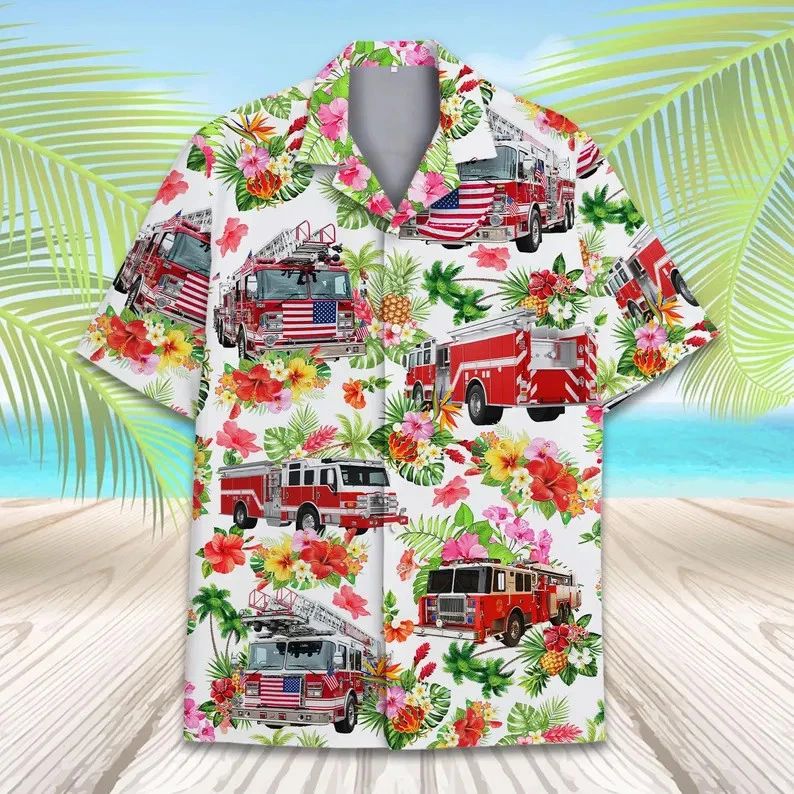 Fire Truck Hawaiian Shirt Men Women Aloha Beach Summer Vacation Gift Top