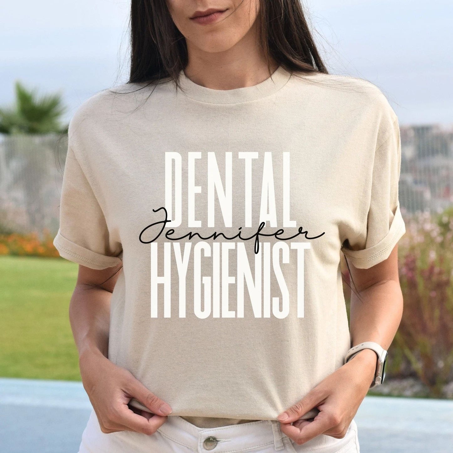 Personalized Dental Hygienist Unisex T-shirt Custom name dentist Sand Blue Pink