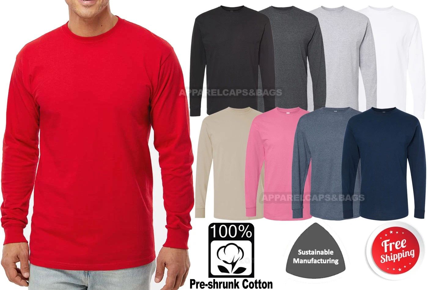 Mens Soft Touch Tee PRE-SHRUNK Cotton Long Sleeve T-Shirt Sizes XS-3XL NEW!