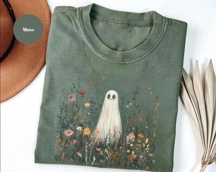 Cute Ghost in Wildflowers TShirt Spooky Fall Aesthetic Halloween