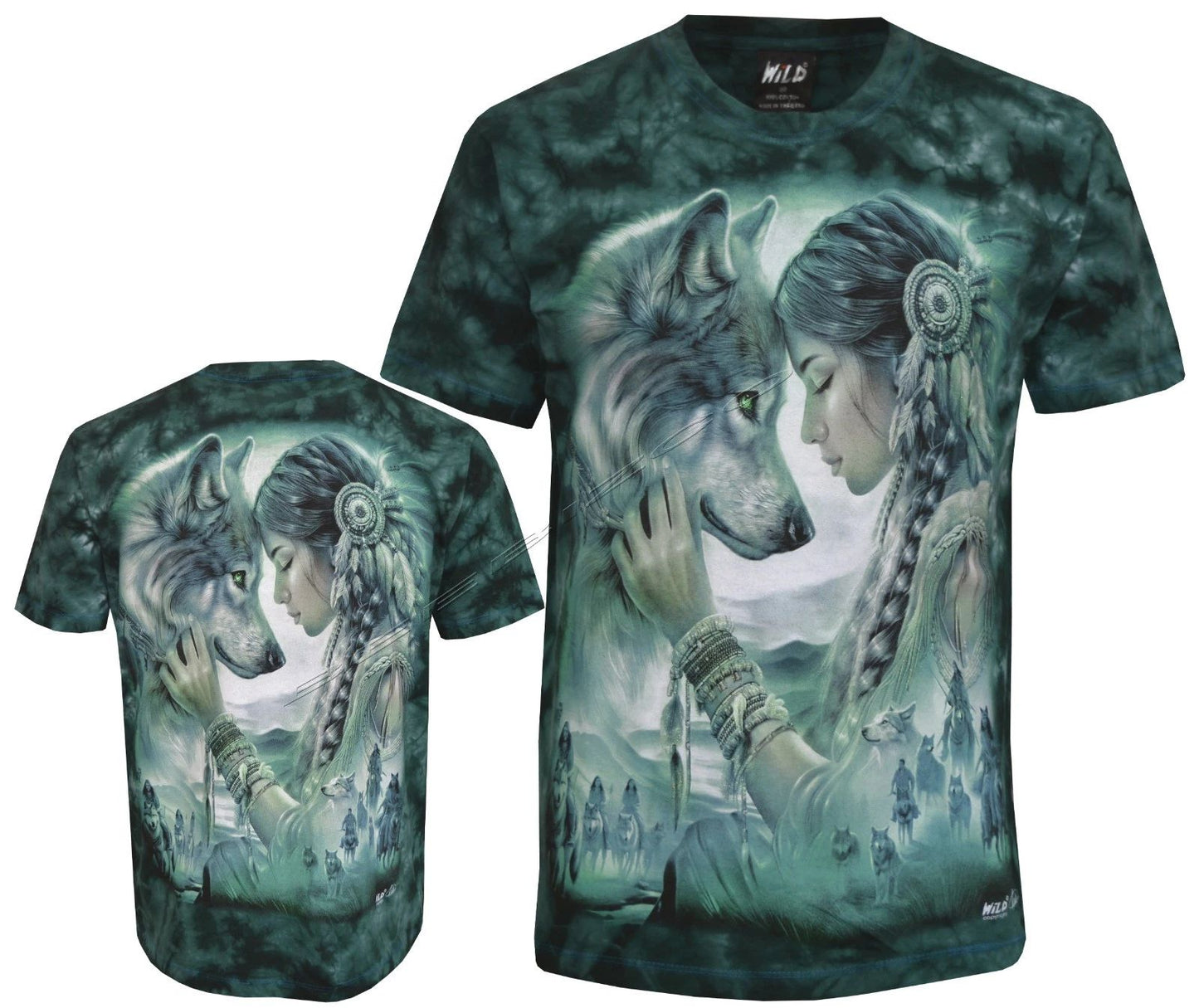 Tie Dye T-Shirt Native American Indian Woman Wolf's Presence Glow inDark by Wild