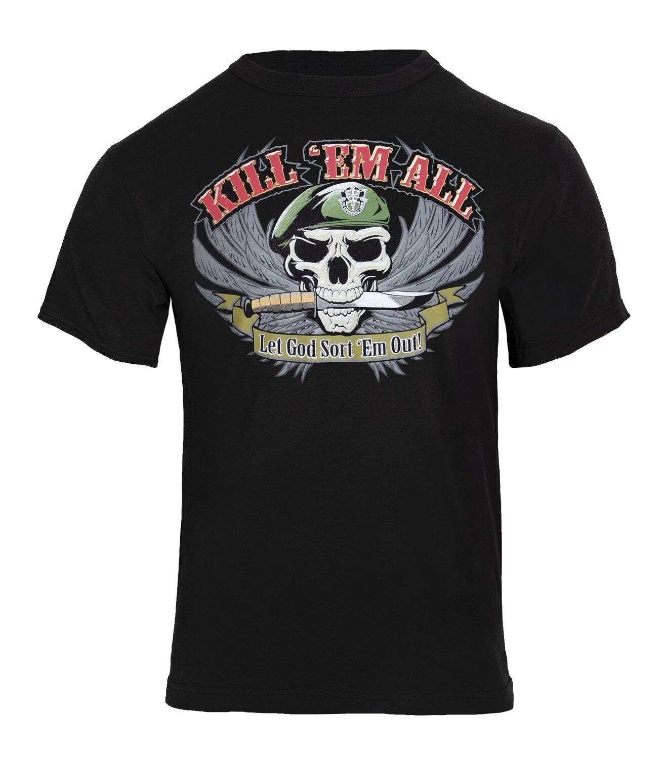 Kill Em All Let God Sort Em Out Skull Black T-Shirt Military Special Forces Tee