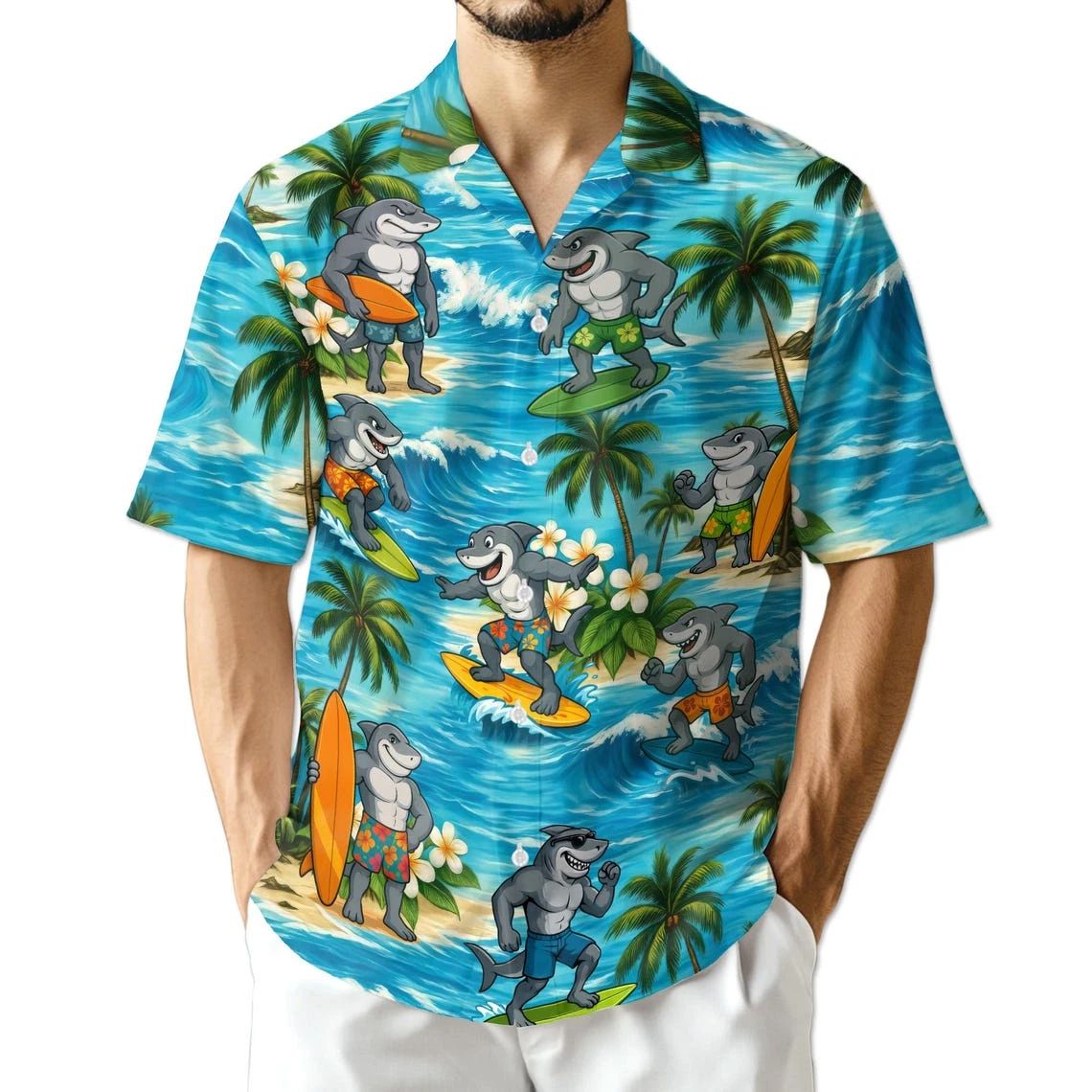 Surfing Shark Hawaiian Shirt, Beach Party Unisex Shirt, Summer Shirt
