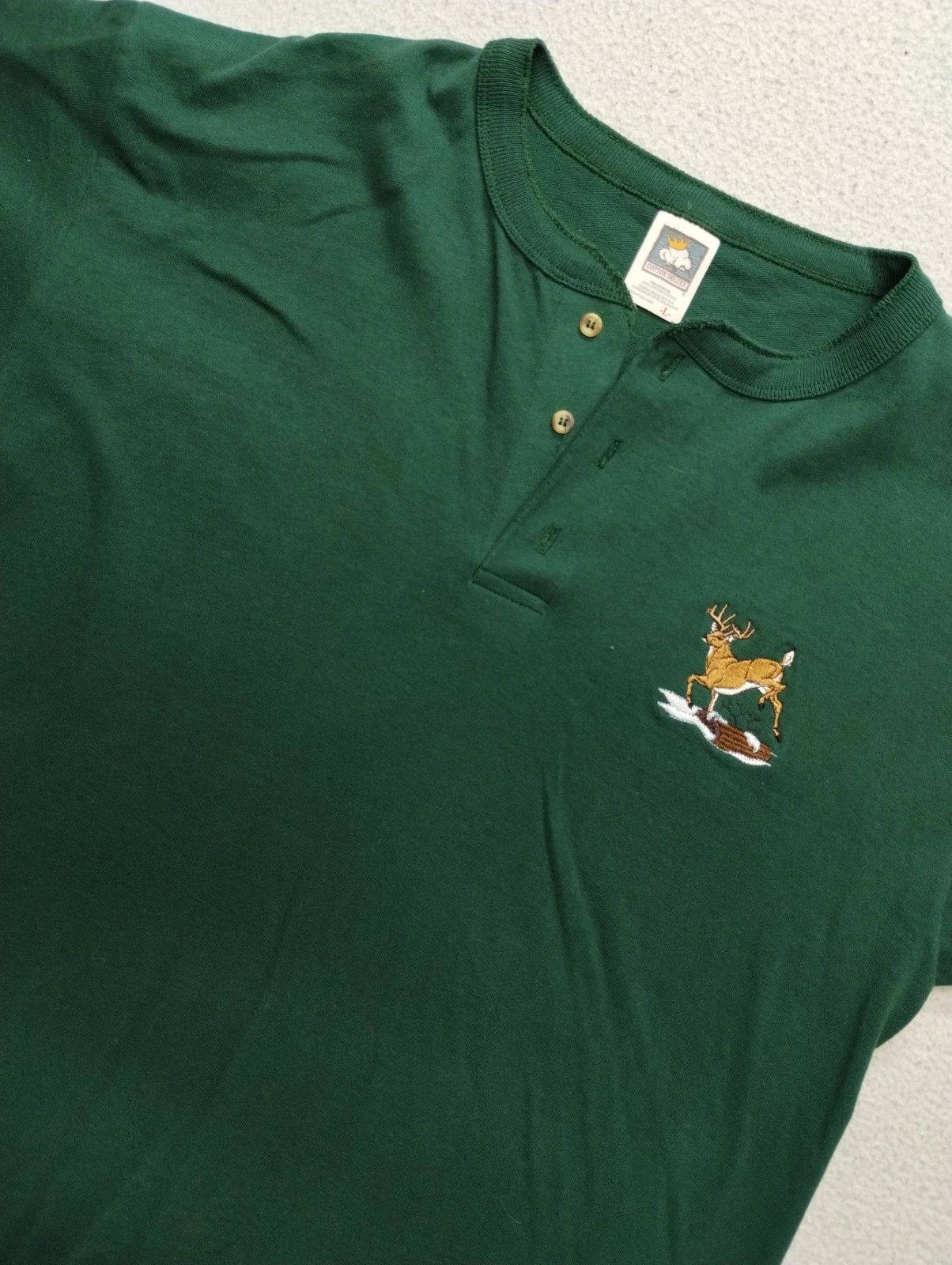Vintage Cotton Deluxe Nature Deer Henley Large Mens Green Short Sleeve 90s
