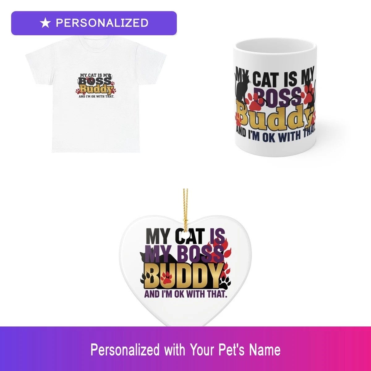 Custom Cat Gift Set Shirt Mug Ornament Personalized Pet Name Bundle Dog Lover