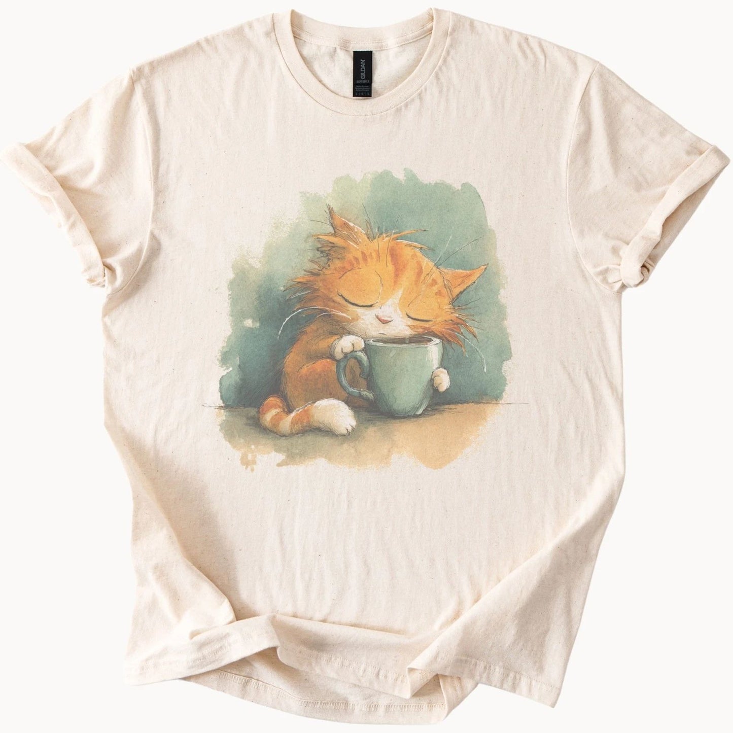 Ginger Cat Coffee Cup Graphic Tee Whimsical Animal Art Natural Shirt
