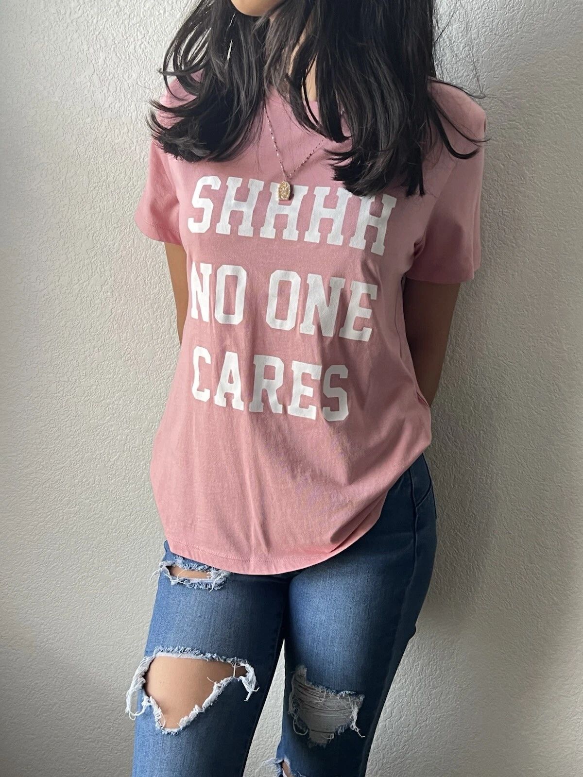 Trendy Pink Graphic Tee – "Shhhh No One Cares" Statement Shirt – Size SMALL