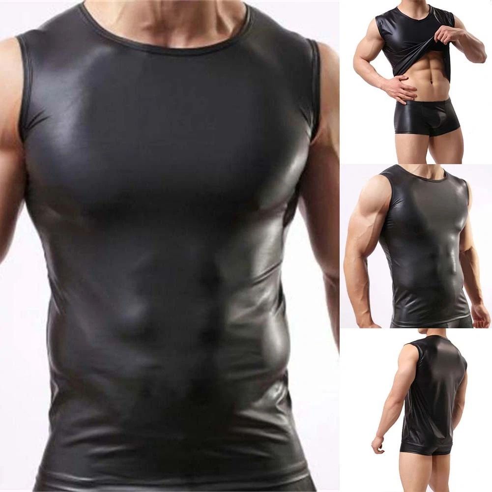 Men's Fashionable Tank Top Vest Imitation Leather Sleeveless Design for Parties