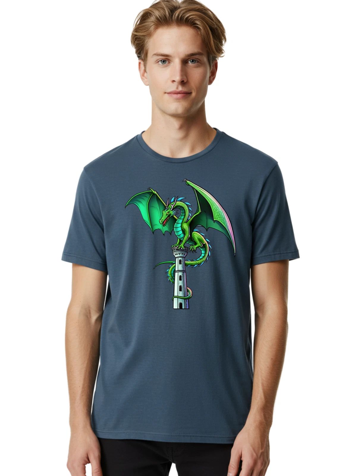 Dragon-On-Tower Mens Graphic Tee, 100% Cotton, Casual Summer Wear