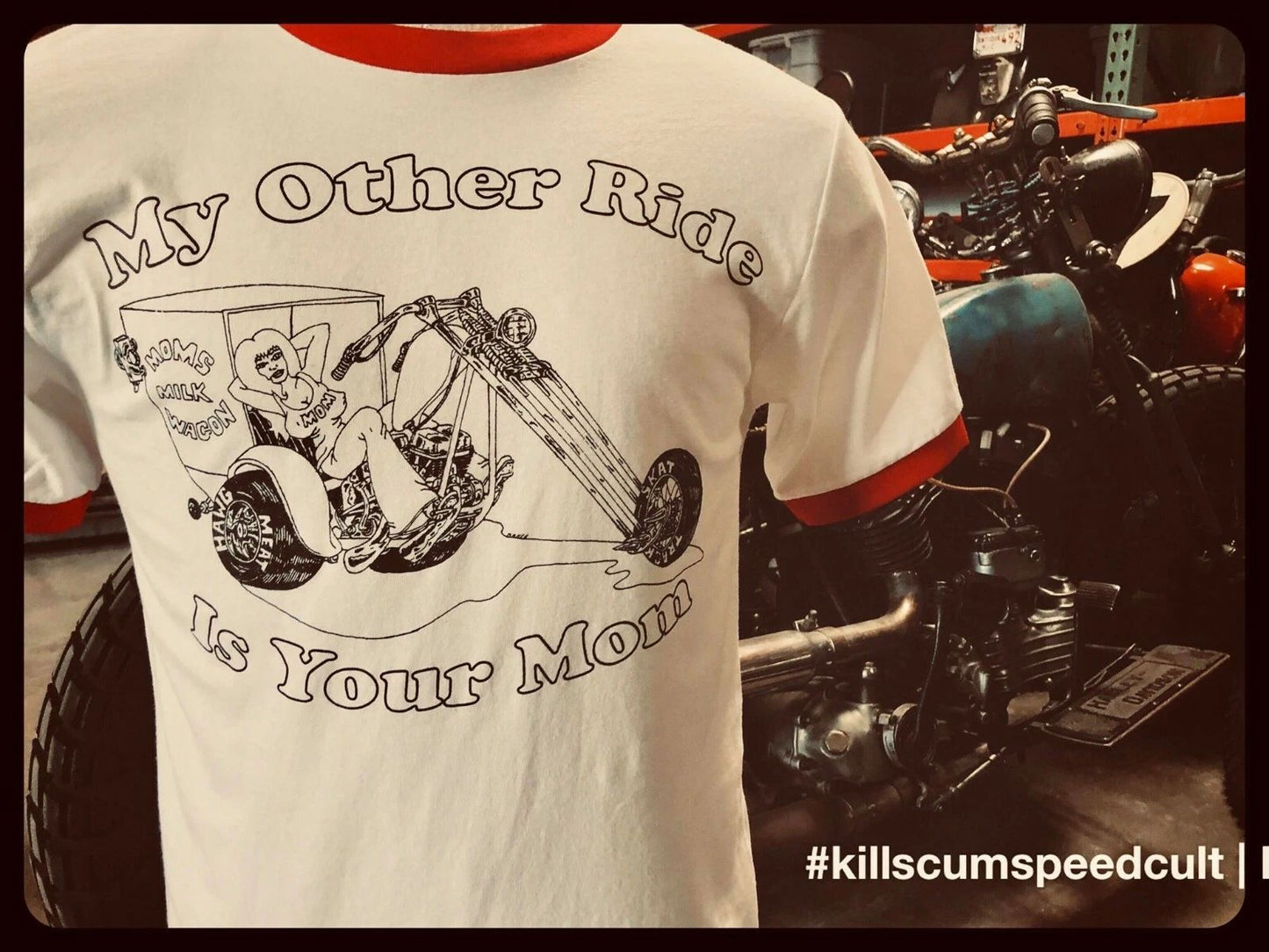 My Other Ride Is Your Mom black & red 50 50 poly cotton blend biker 70's tee vtg