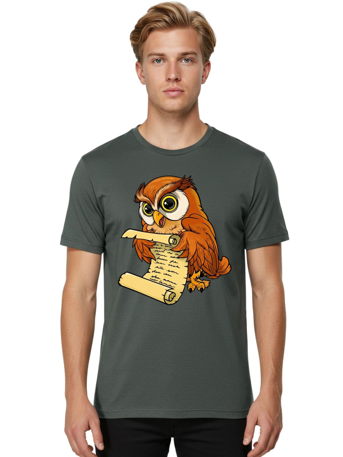 Owl-Reading-Scroll-1 Mens Graphic Tee, 100% Cotton, Casual Summer Wear