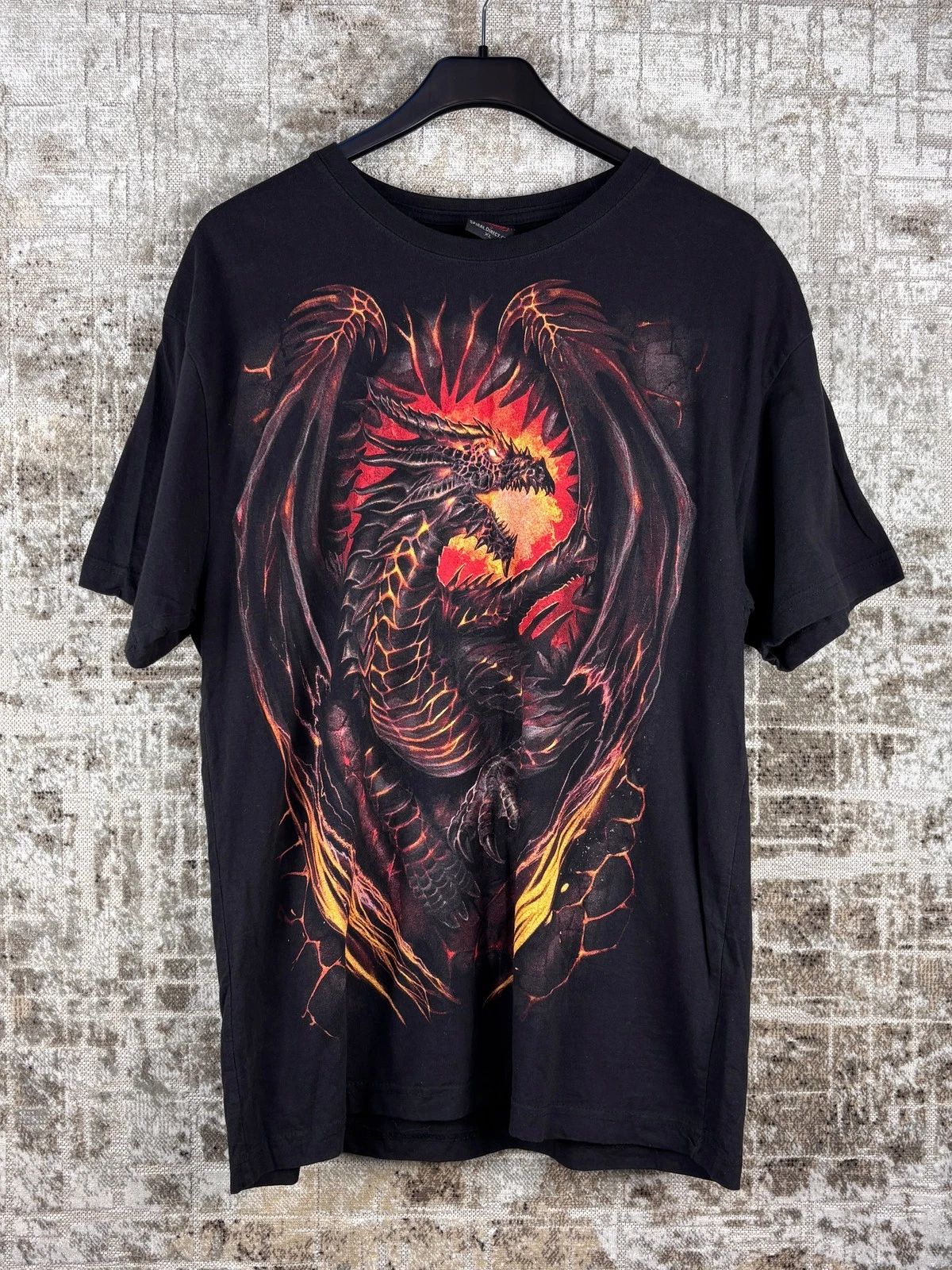 Men's Y2K Spiral Fire Dragon Graphic T‑Shirt – Black XL Retro Gothic Tee