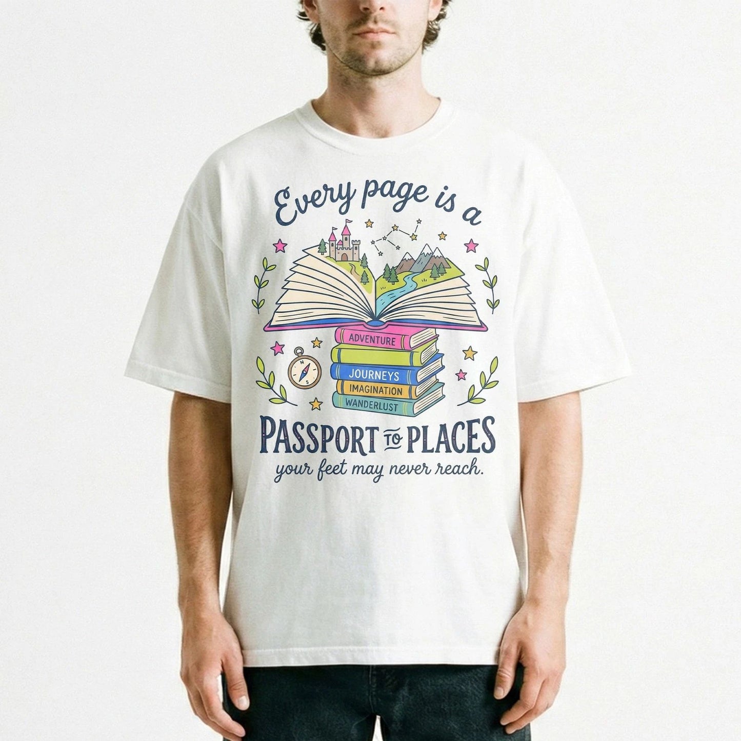 Book Lover Travel Adventure Vintage Graphic T-Shirt Reading Passport Gift Tee