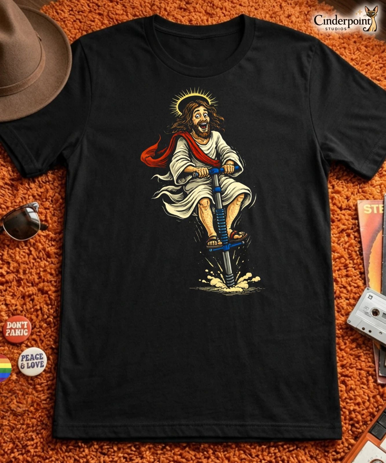 Jumpin Jesus on a Pogo Stick T-Shirt Retro Lowbrow Sacrilegious Graphic Tee S-5X