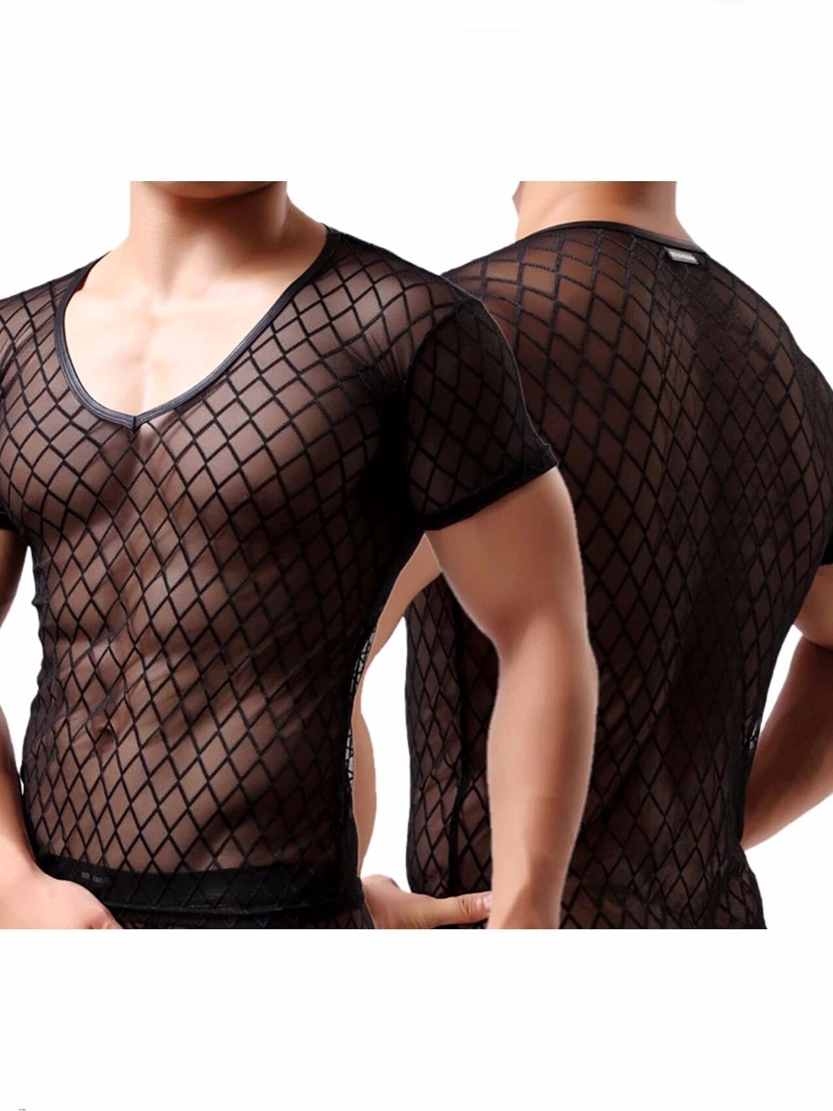 New Men Clubwear Lingerie Diamond Mesh Fishnet Underwear V Neck Tee Short Sleeve