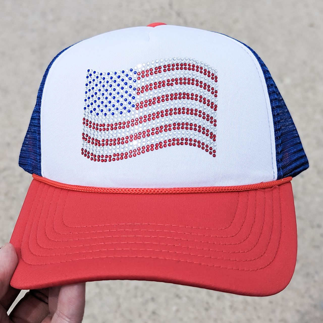 Rhinestone American Flag Trucker Hat