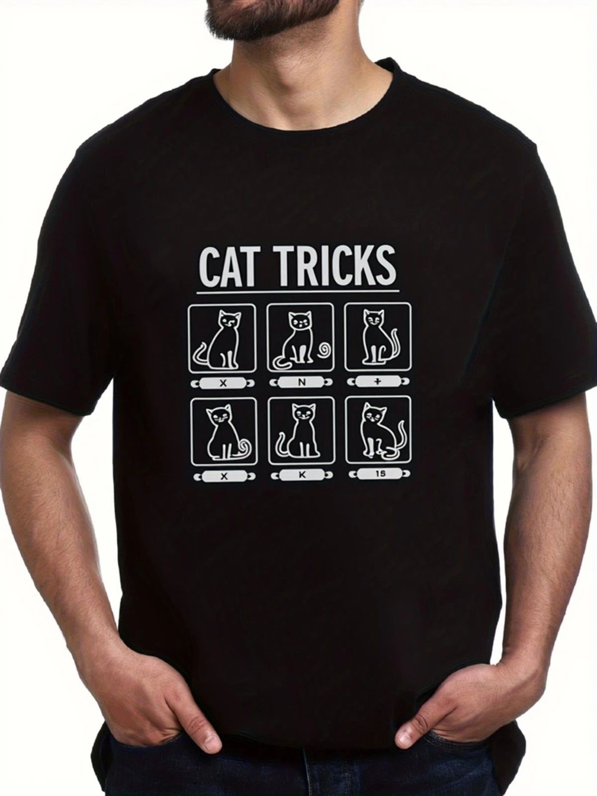 Cat Tricks Graphic Tee Unisex Black Short Sleeve T-Shirt, Funny Cat Lover Hum