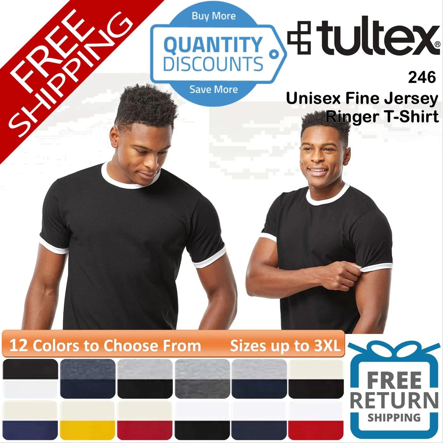 ๐ฅ Tultex Men Fine Jersey Ringer T-shirt Short Sleeve Top Up To 3XL 246