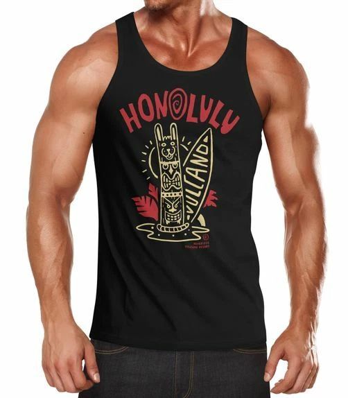 Mens Tank Top Honolulu Tiki Totem Mask Surfboard Surfing Fashion Street Style