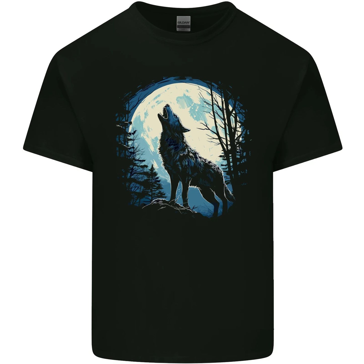 Moonlit Howling Wolf Fantasy Mens Cotton T-Shirt Tee Top