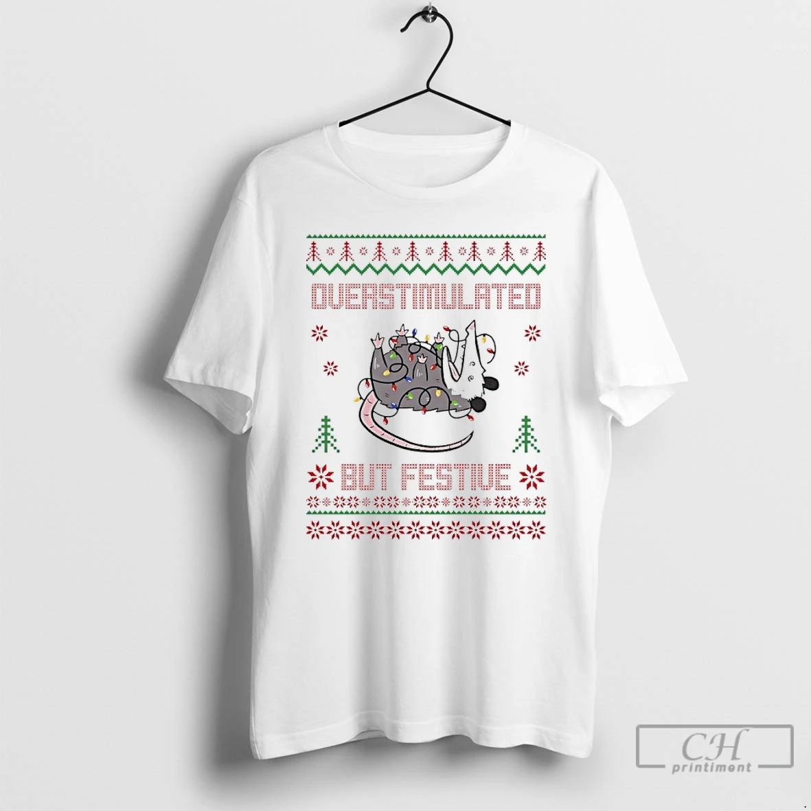 Classic Overstimulated But Festive Opossum Christmas Ugly T Shirts