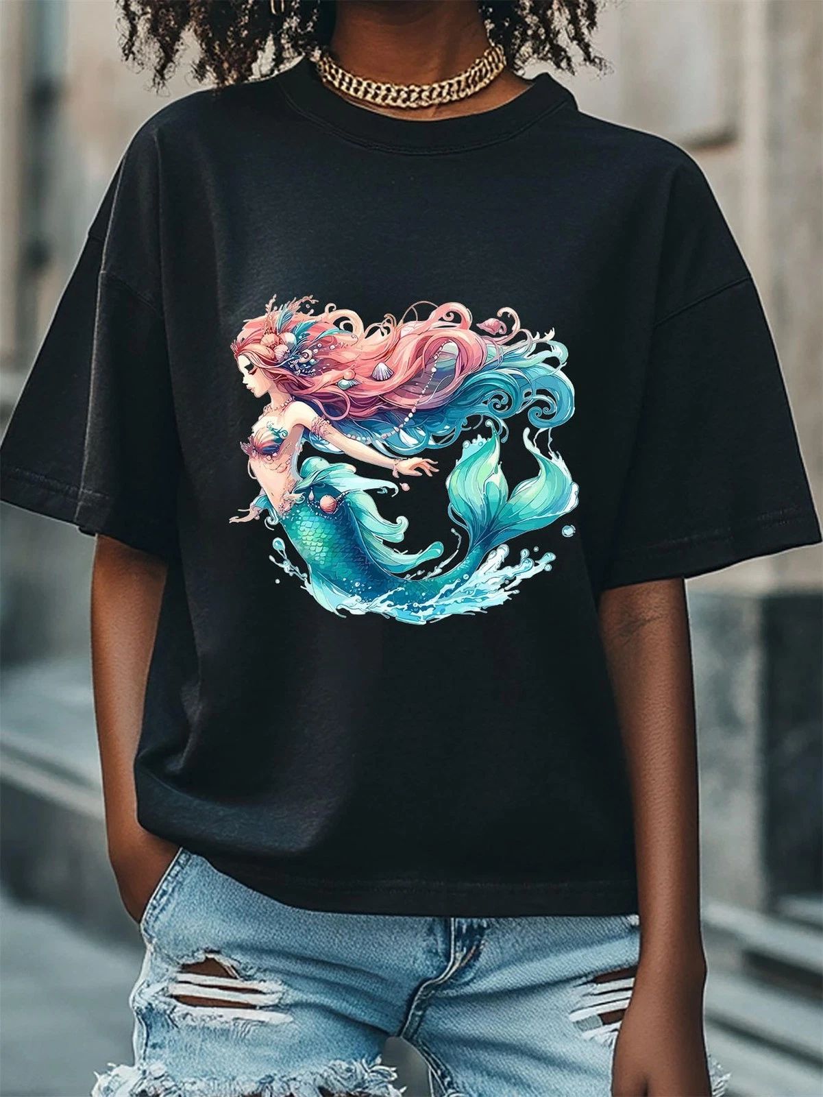 Women'S Oversized Fantasy Mermaid Graphic T-Shirt - Vibrant Multicolor Hair &