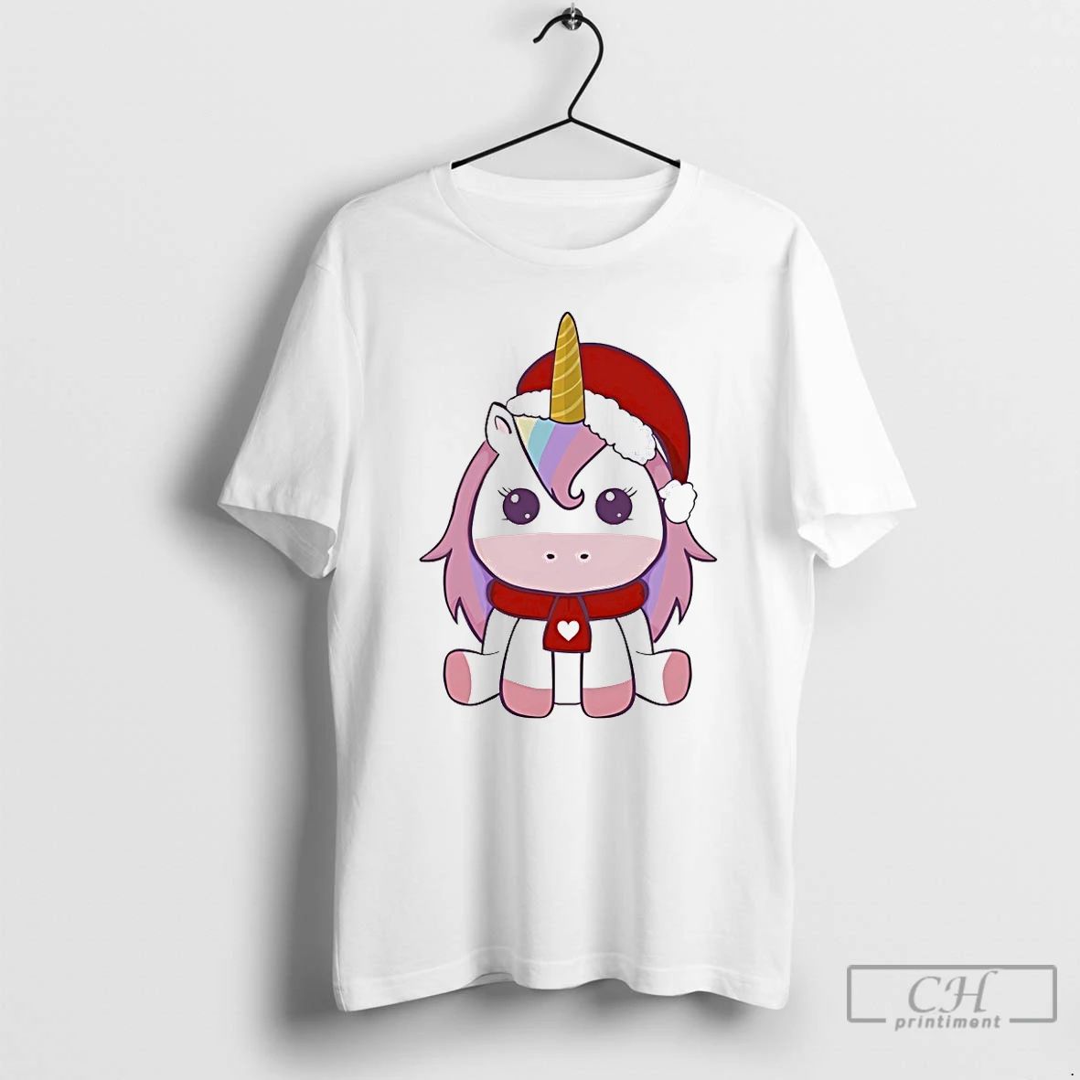 Classic Unicorn Cute Pink With Scarf Heart Christmas White T Shirts