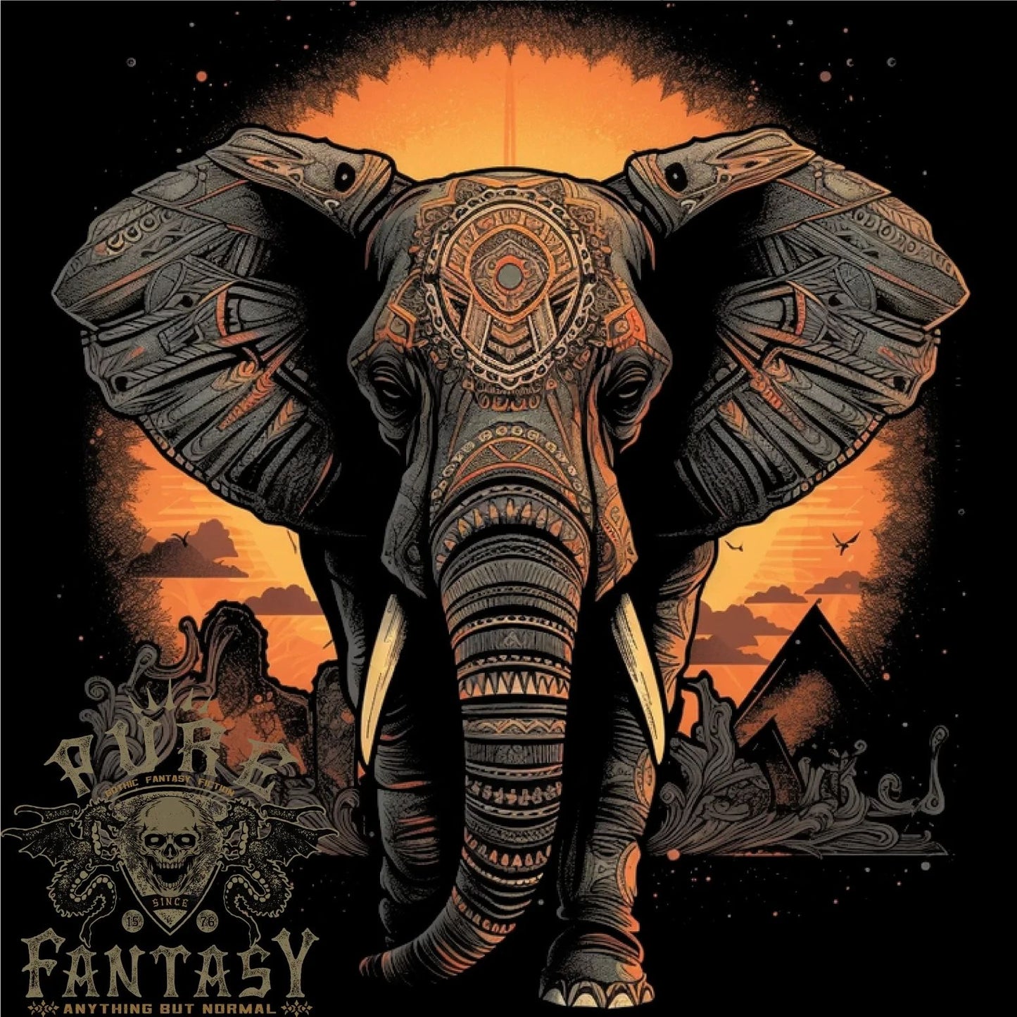 Sunset Tribal Elephant Fantasy Mens T-Shirt 100% Cotton