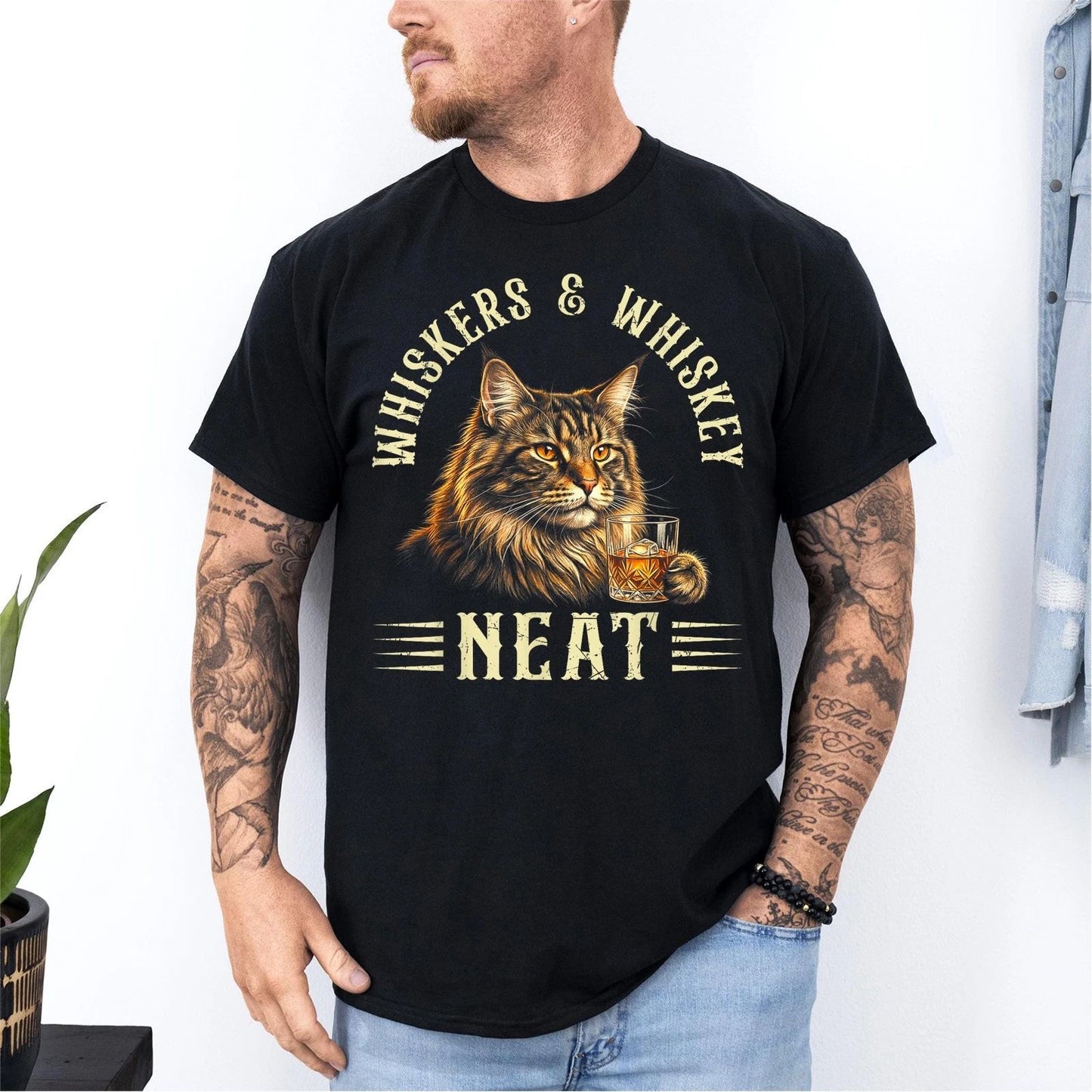 Whiskers and Whiskey Neat Funny Cat Lover Bourbon Drinker Unisex T-Shirt