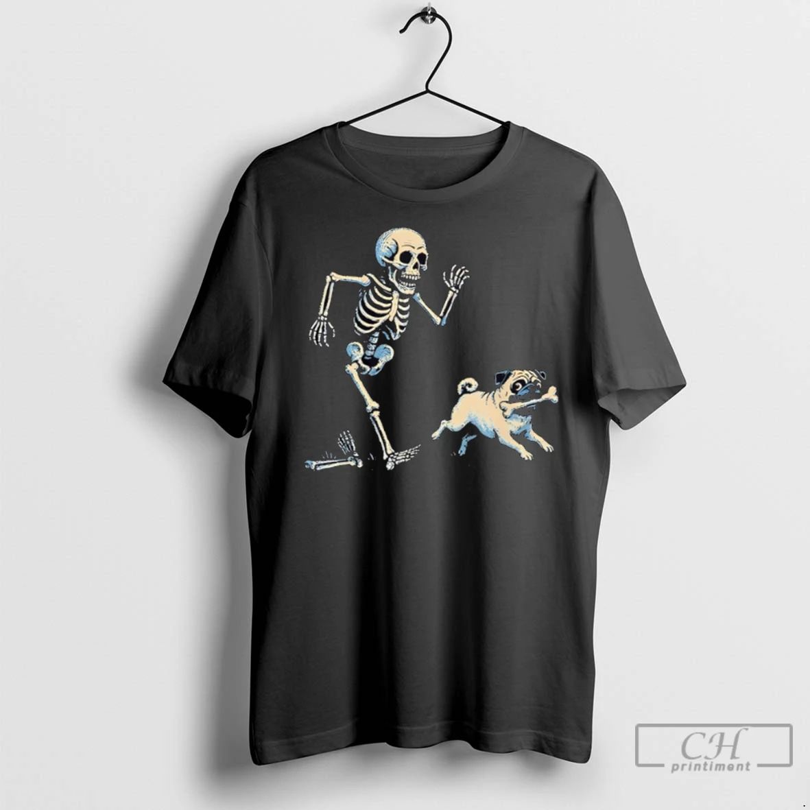 Premium Skeleton Chasing Pug Halloween Dog Mom Pug