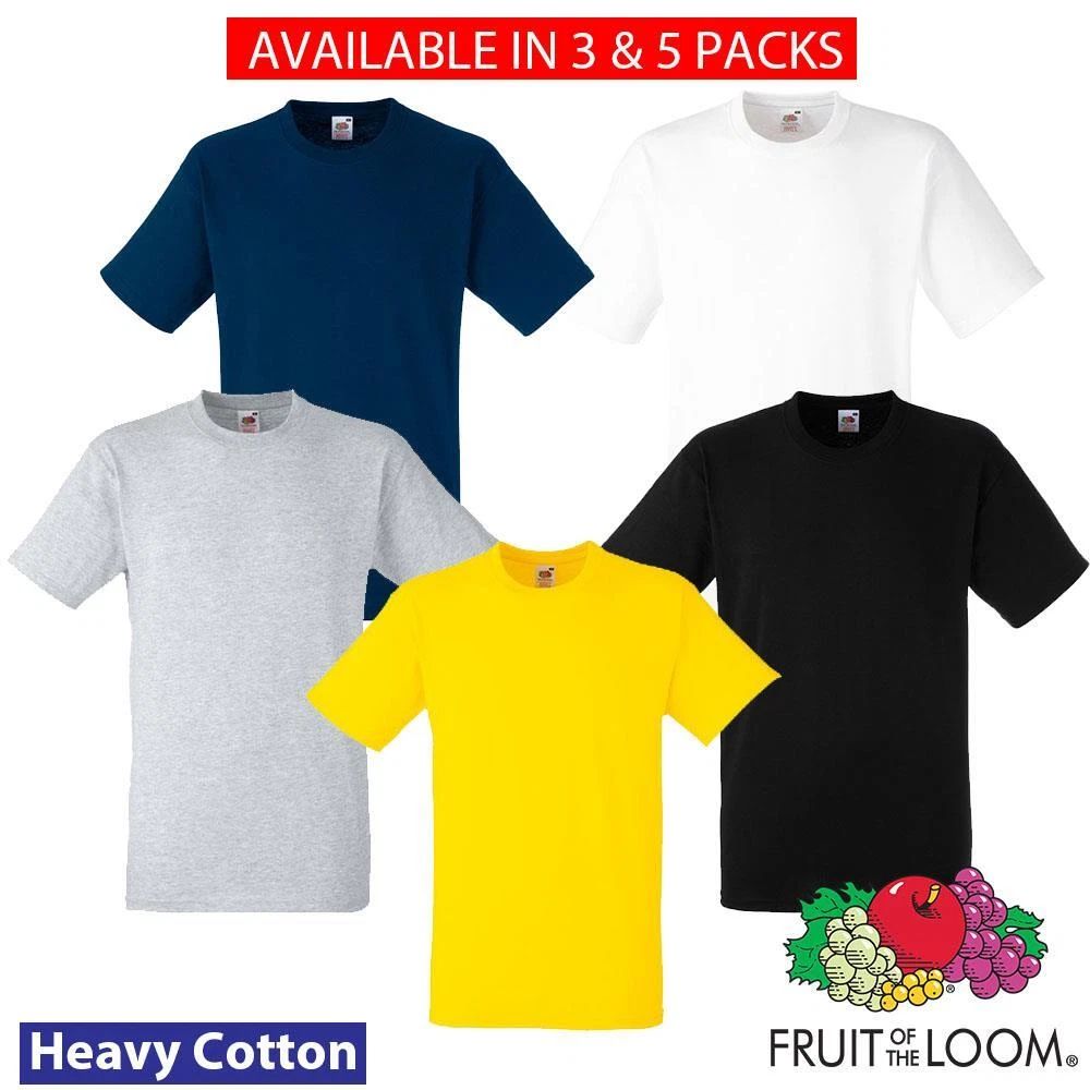 3 & 5 Pack Fruit Of The Loom Mens Heavy Cotton T Shirt Plain Casual Crew Tee