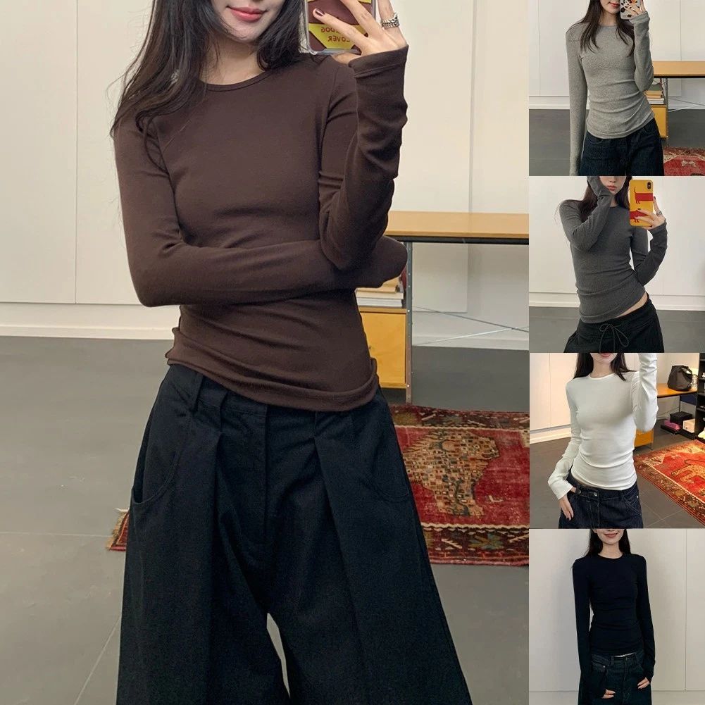 Slim Fit Women Long Sleeve T Shirt Base Shirt Waist Cinched Shoulder Crew Neck