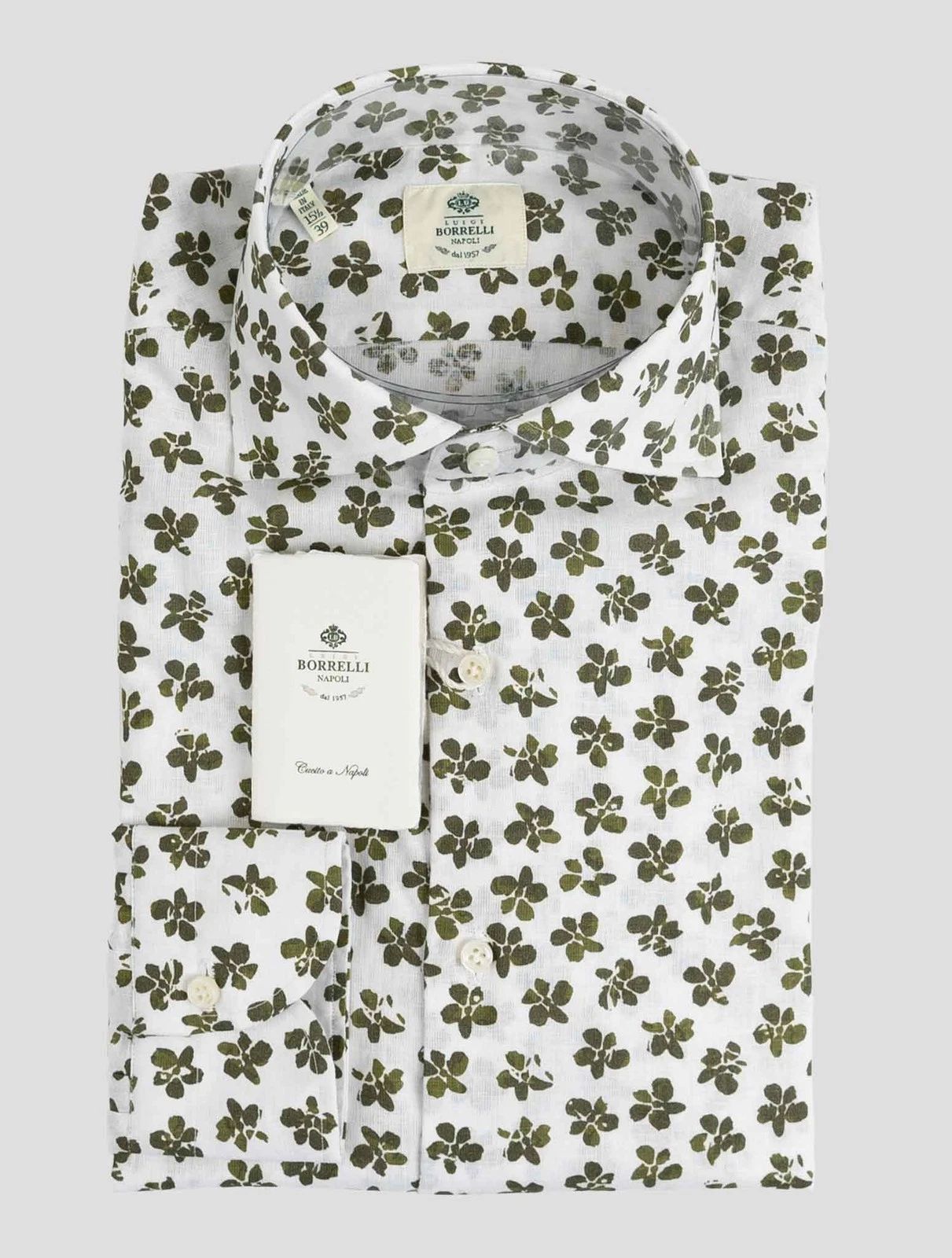 NEW LUIGI BORRELLI WHITE GREEN LINEN COTTON SHIRT US 17 - EU 43 B2V54