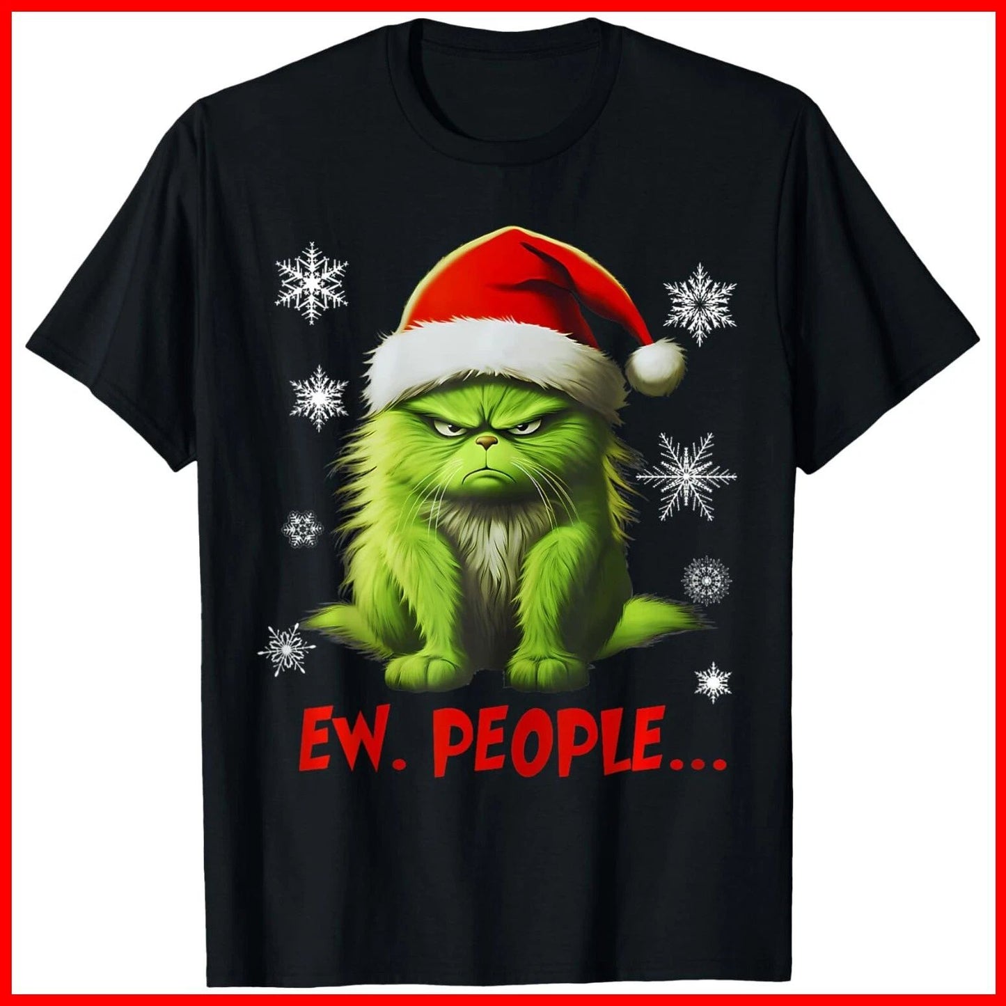 Funny Christmas Cat Ew People Meowy Cat Lovers Black Cotton T-Shirt S-5XL