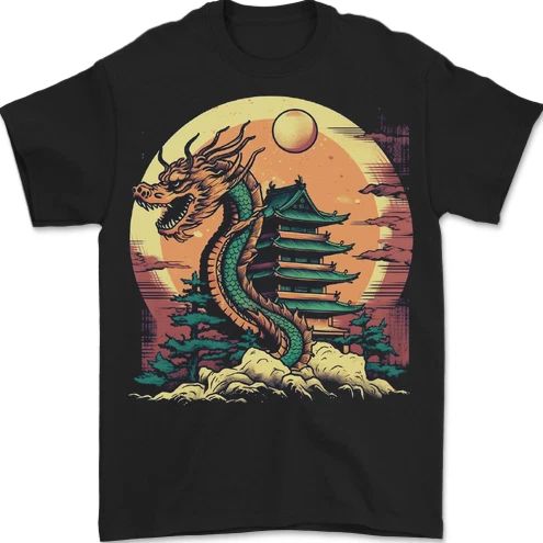Fantasy Dragon Pagoda Mens T-Shirt 100% Cotton