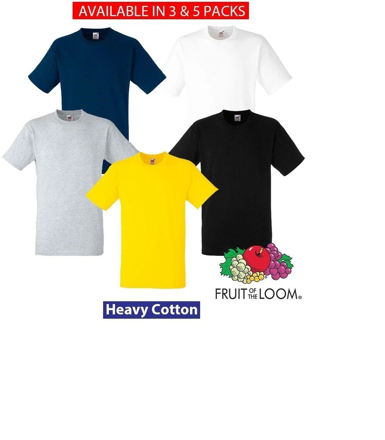 3 & 5 Pack Fruit Of The Loom Mens Heavy Cotton Tee Plain Casual Crew T Shirt