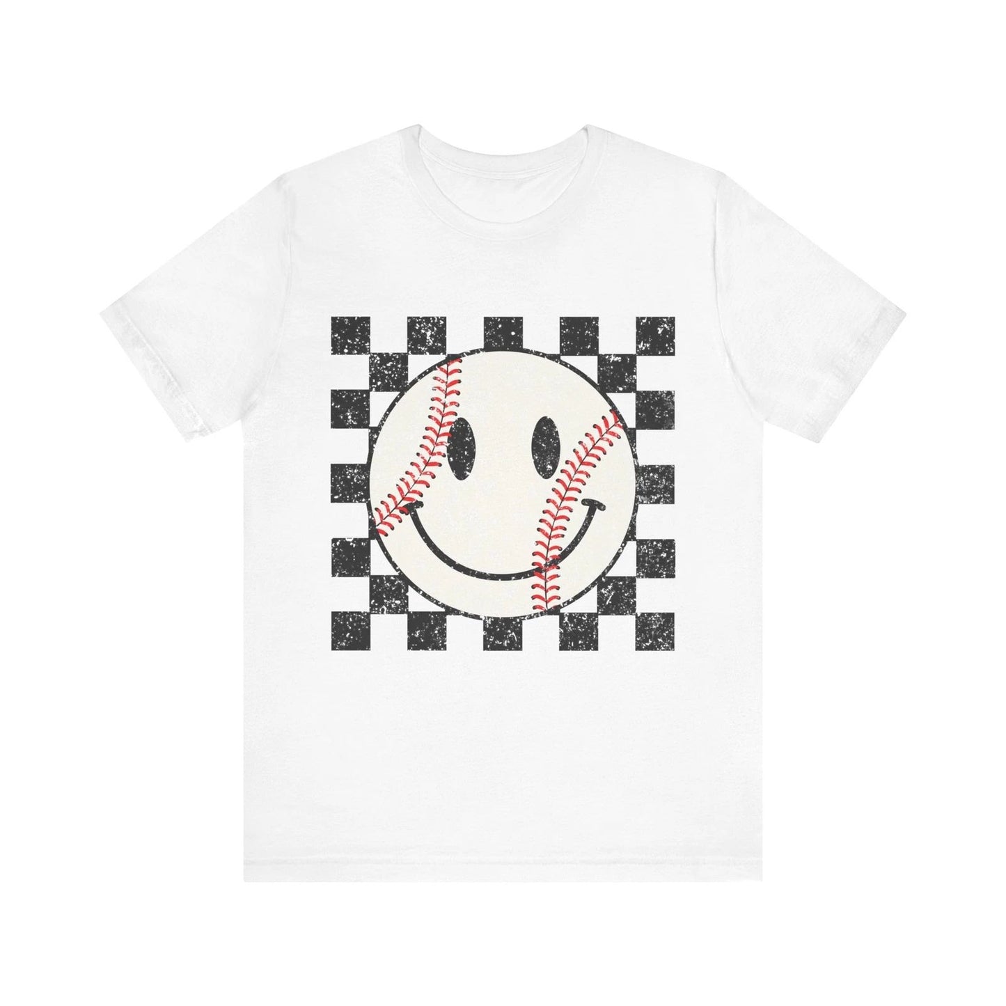 Unisex Baseball Happy Face Trendy Smile Face Baseball Players Checkered T-Shirt