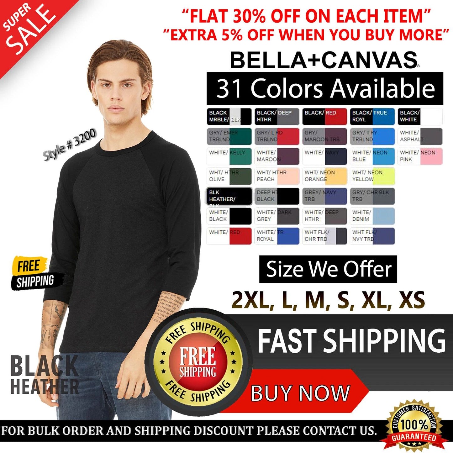 Bella + Canvas Unisex 3/4-Sleeve Baseball T-Shirt 3200 Top T Shirt XS-2XL Tee