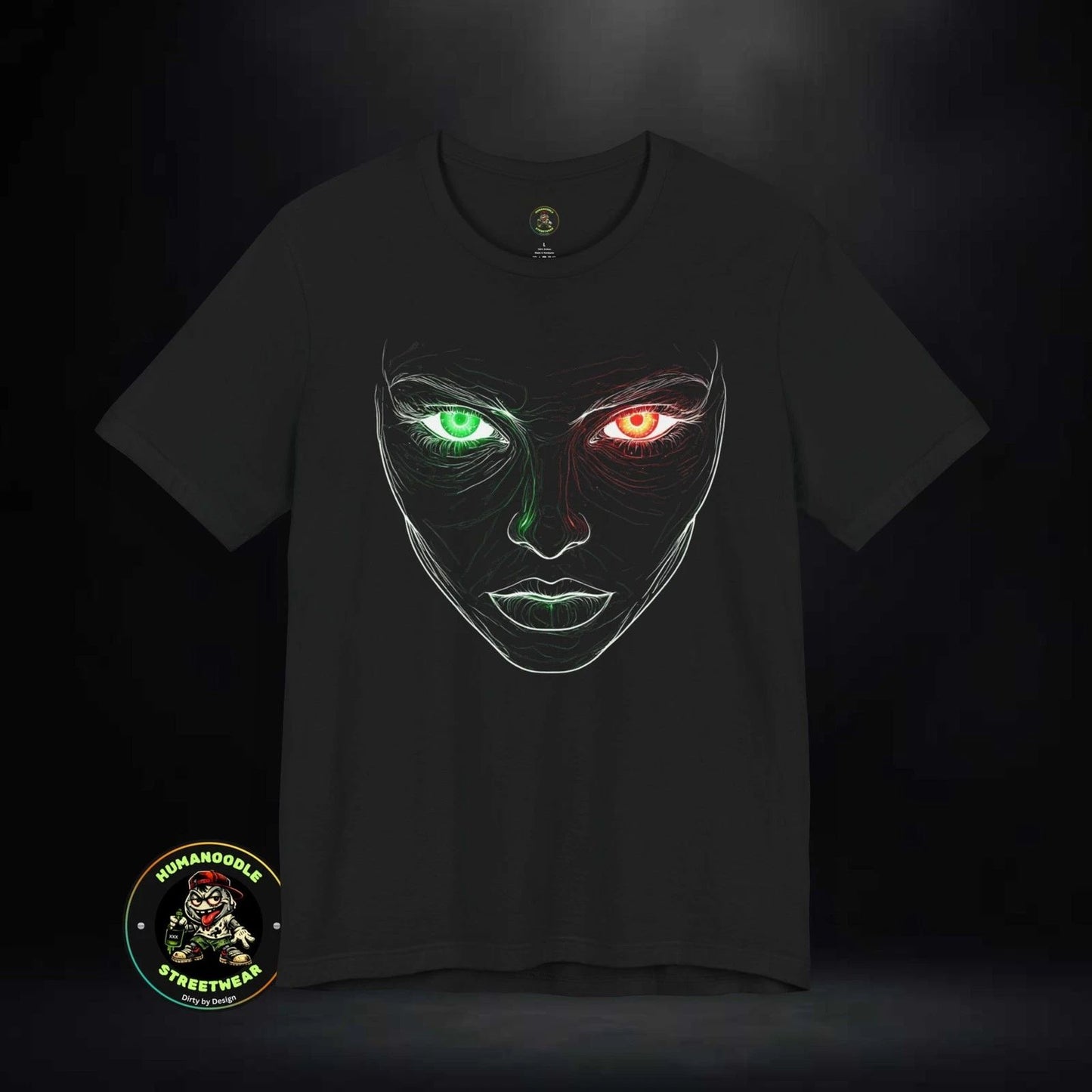 Evil Face Sketch T-Shirt | Minimal Line Art, Green Red Eyes