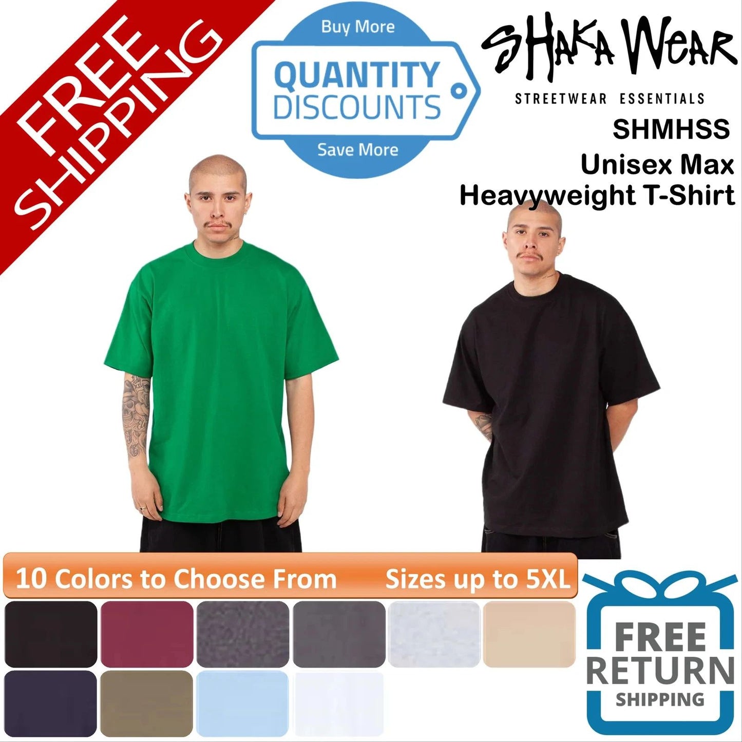 ๐ฅ Shaka Wear Men Max Heavyweight T-Shirt Heavy-duty knitting Up To 5XL SHMHSS