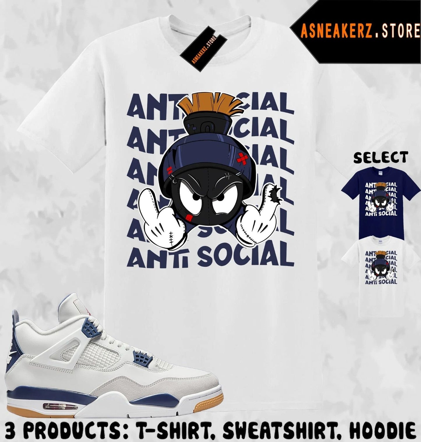 Shirt To Match AJ 4 SB Navy 2025 Sneaker Matching Tee Anti Social Marvin T-Shirt