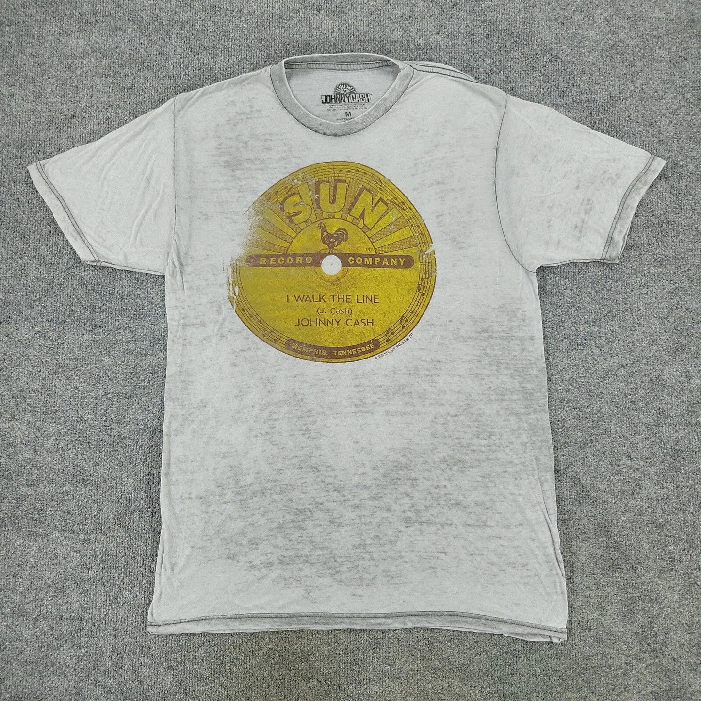 Johnny Cash Shirt Men's Medium Gray I Walk The LIne Burnout Sheer Short Sleeve