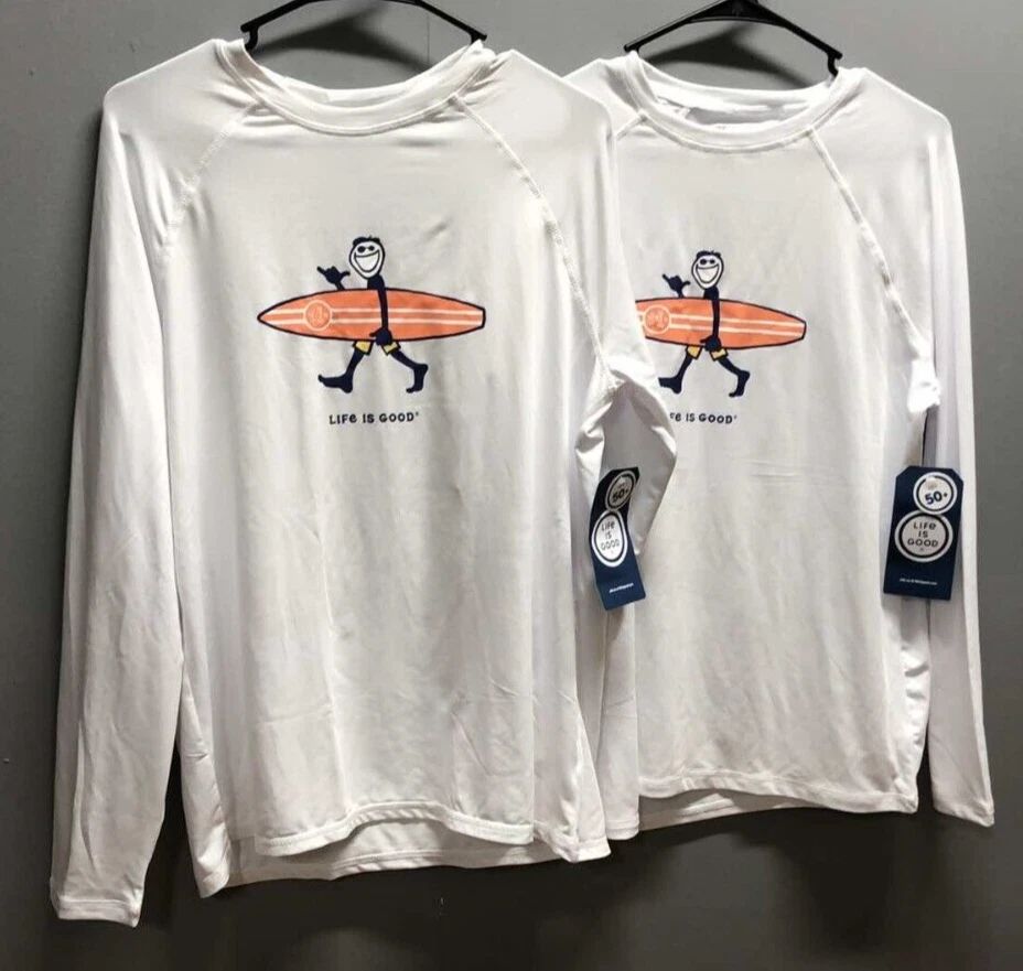 2PK Life Is Good Men's Long Sleeve SunShirt UPF 50+ ~ Surfing Jack ~ White~Small