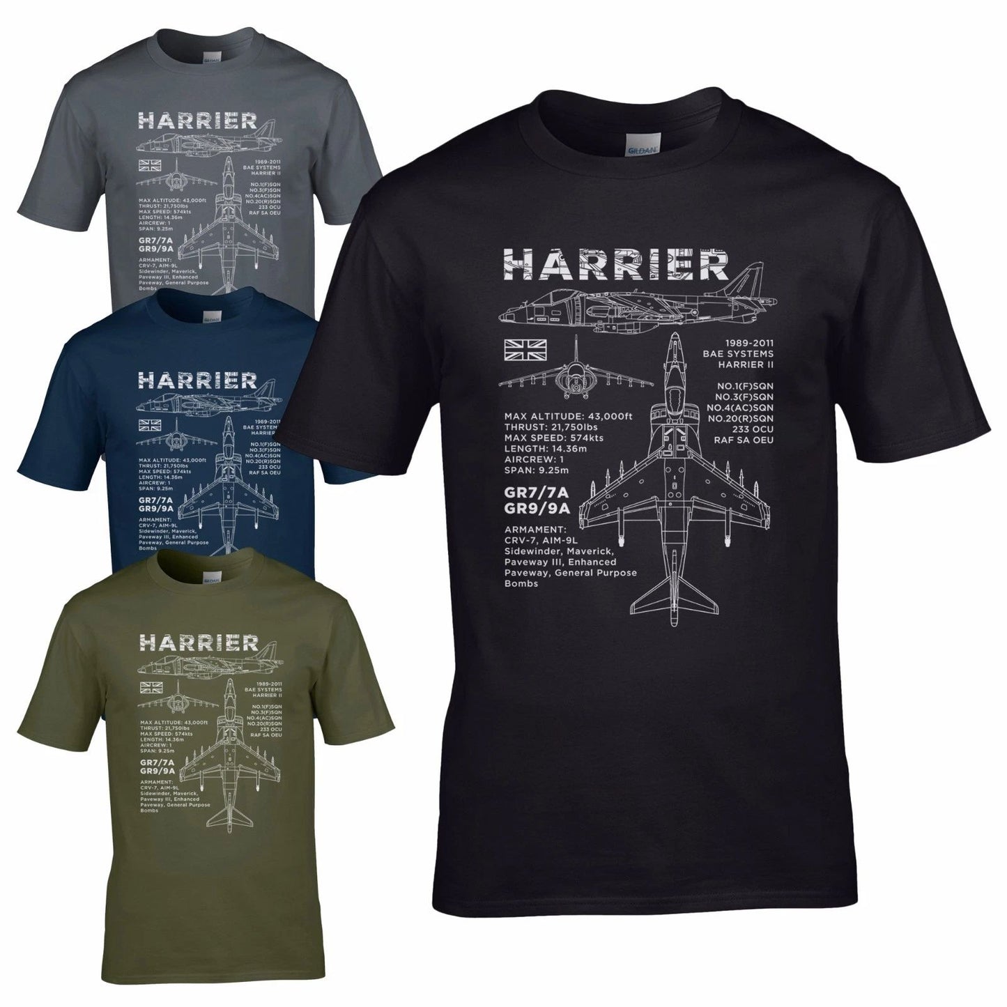 Harrier GR7 / 7A Blueprint T-Shirt GR9 / 9A BAE AV8B Aircraft RAF 1 3 4 20 SQN