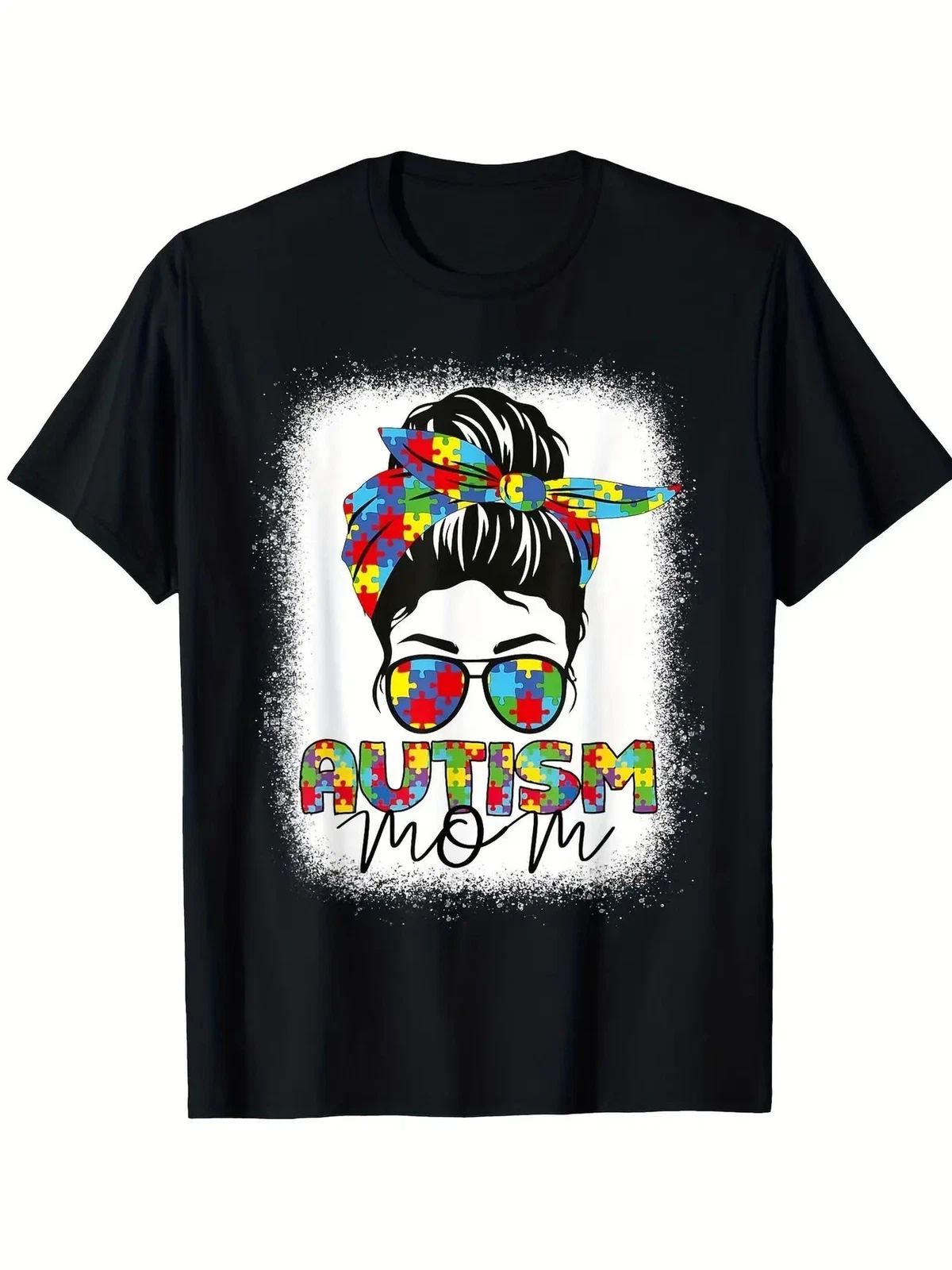 Autism Mom Life Messy Bun Graphic T-Shirt - Black Casual Short Sleeve Cotton Tee