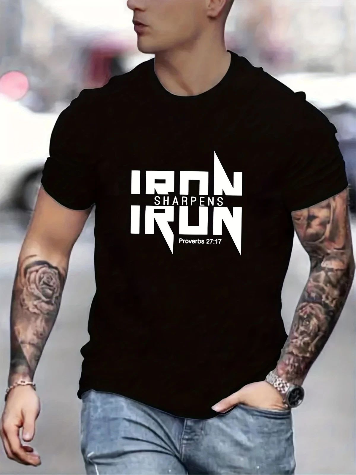 Iron Sharpens Iron T-Shirt Men's Christian Bible Verse Graphic Tee