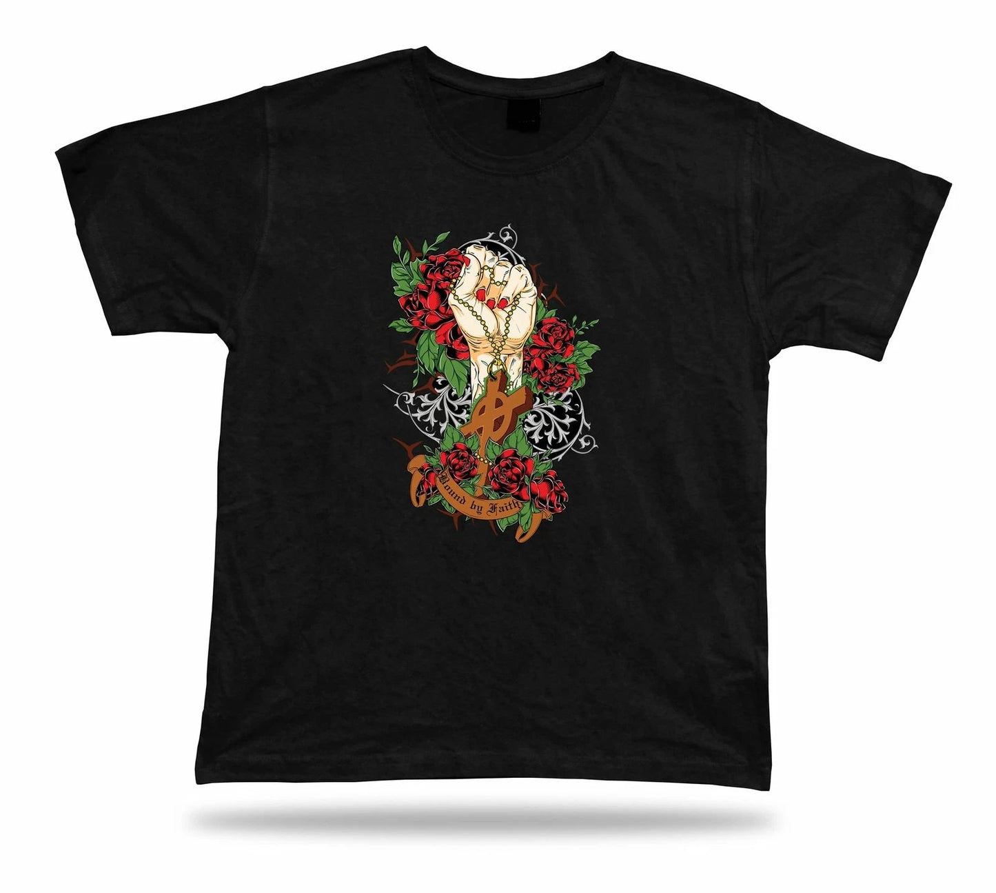 Tshirt Tee Shirt Birthday Idea Gift Bound Faith Hand Cross Roses Stylish Chain