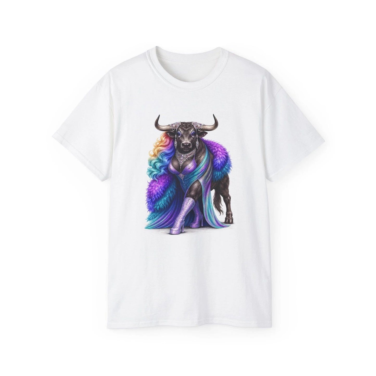Rainbow Fur Bull Illustration Tee | Colorful Fantasy Animal Shirt