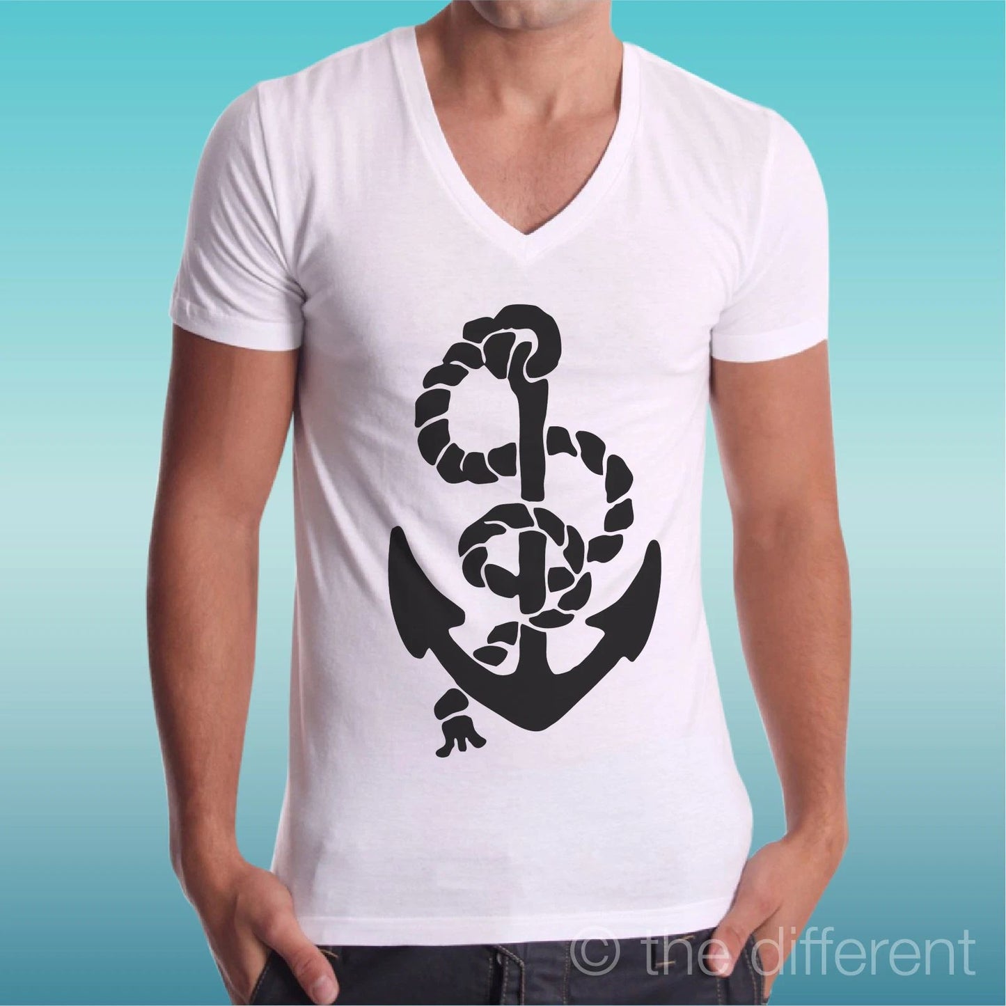 T-shirt V Neck Jersey Anchor Black Old Style Navy Vintage
