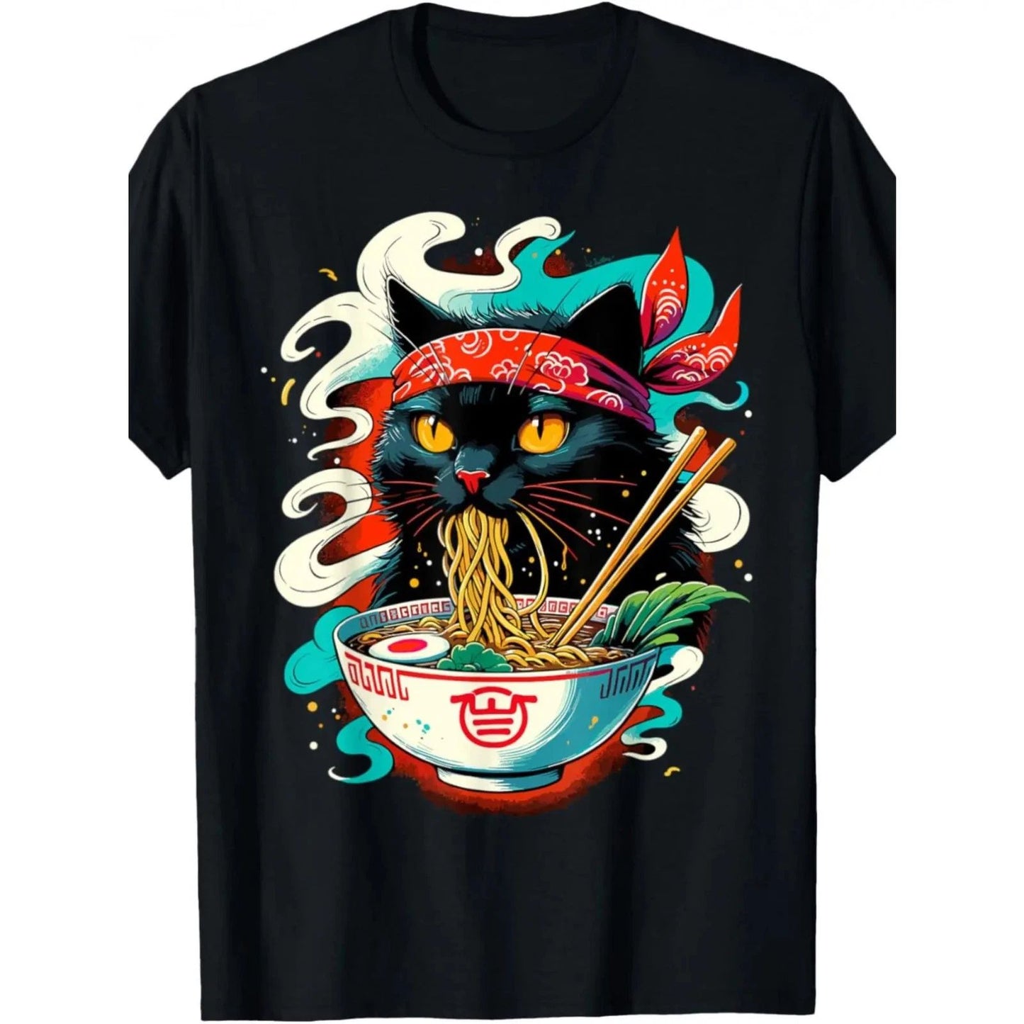Festive Delight Men's Cute Cat Ramen Graphic T-Shirt Cotton, Crew , Short Sleeve
